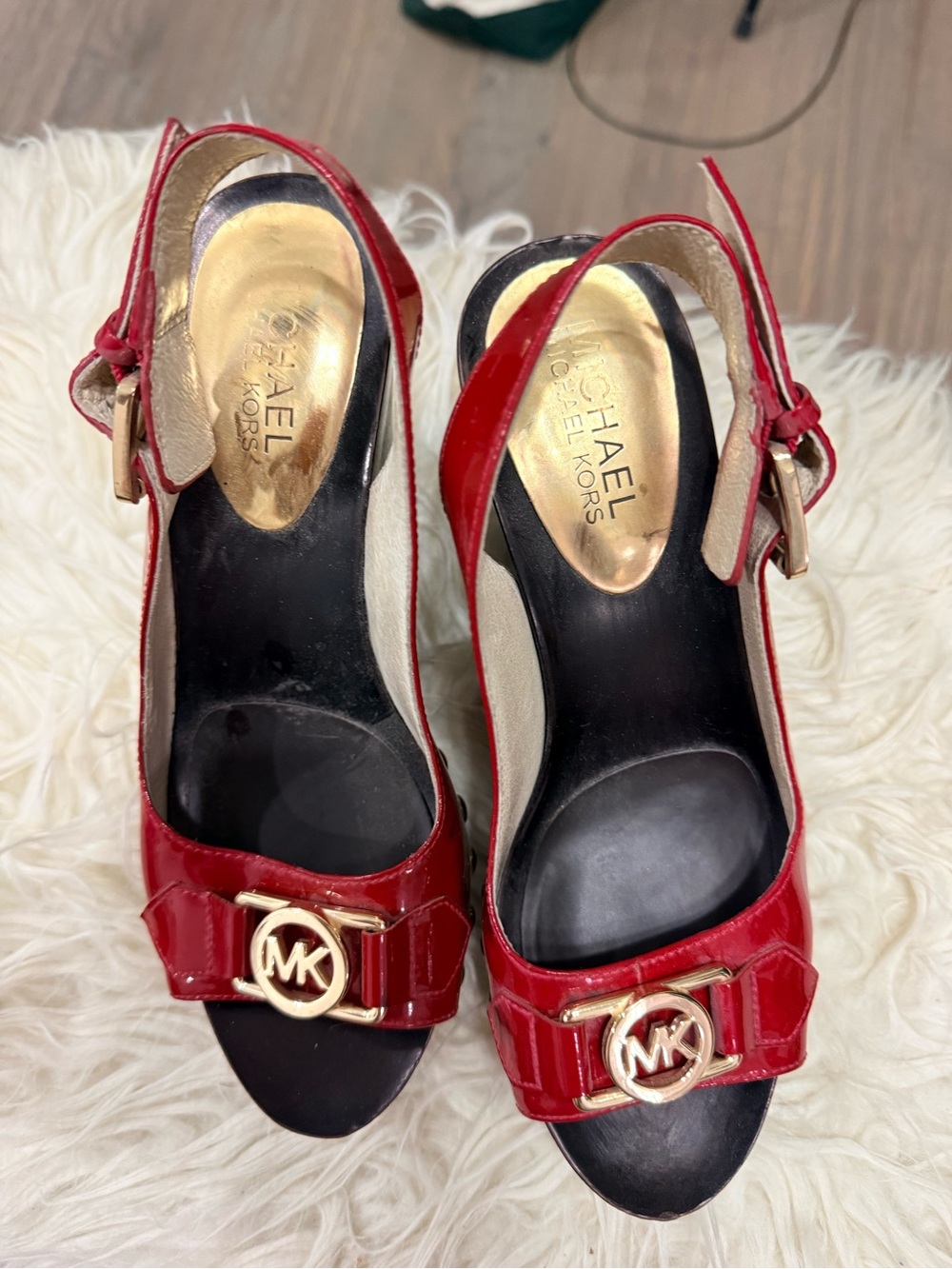 Michael Kors Red Patent Leather Peep-Toe Slingback Heels with Gold MK Hardware